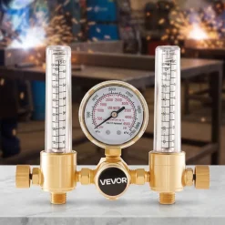 VEVOR Dual Output Argon Regulator, Argon Flow Meter Gas Regulator Gauge for TIG/MIG Welding - with 2PCS 6.6FT Rubber Hoses, 0-60 SCFH, 0-4500 PSI Inlet Pressure, CGA580 Inlet Connection