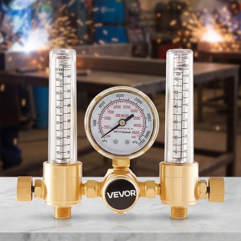 VEVOR Dual Output Argon Regulator, Argon Flow Meter Gas Regulator Gauge for TIG/MIG Welding - with 2PCS 6.6FT Rubber Hoses, 0-60 SCFH, 0-4500 PSI Inlet Pressure, CGA580 Inlet Connection
