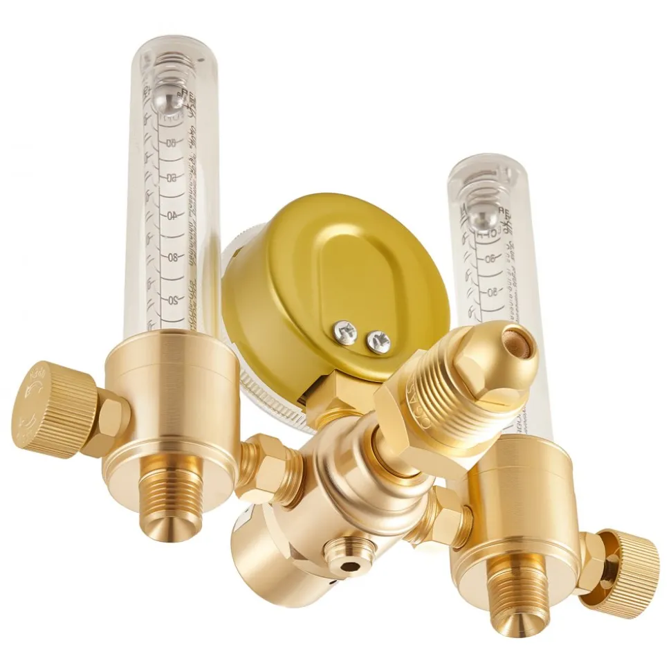 VEVOR Dual Output Argon Regulator, Argon Flow Meter Gas Regulator Gauge for TIG/MIG Welding - with 2PCS 6.6FT Rubber Hoses, 0-60 SCFH, 0-4500 PSI Inlet Pressure, CGA580 Inlet Connection