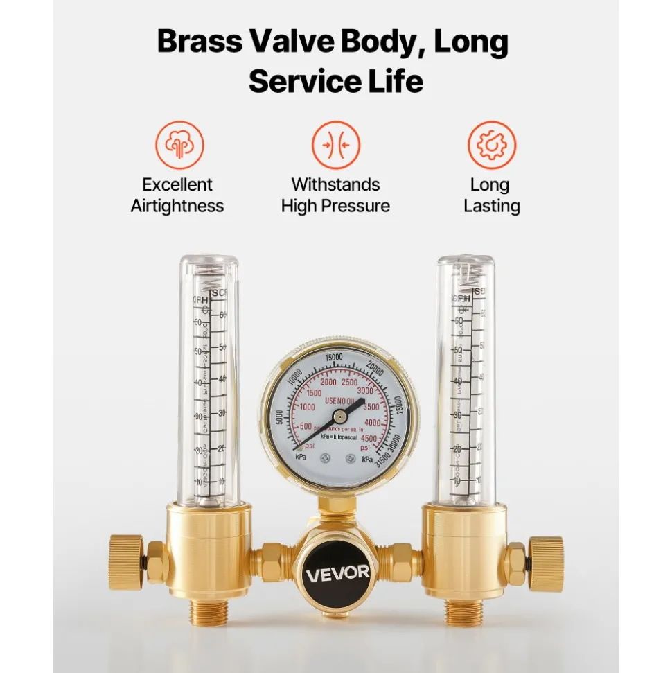 VEVOR Dual Output Argon Regulator, Argon Flow Meter Gas Regulator Gauge for TIG/MIG Welding - with 2PCS 6.6FT Rubber Hoses, 0-60 SCFH, 0-4500 PSI Inlet Pressure, CGA580 Inlet Connection