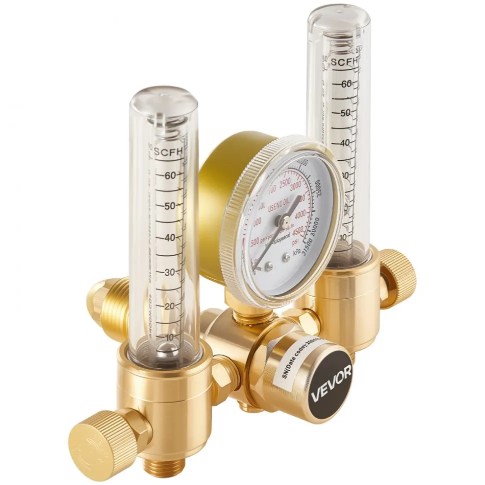 VEVOR Dual Output Argon Regulator, Argon Flow Meter Gas Regulator Gauge for TIG/MIG Welding - with 2PCS 6.6FT Rubber Hoses, 0-60 SCFH, 0-4500 PSI Inlet Pressure, CGA580 Inlet Connection
