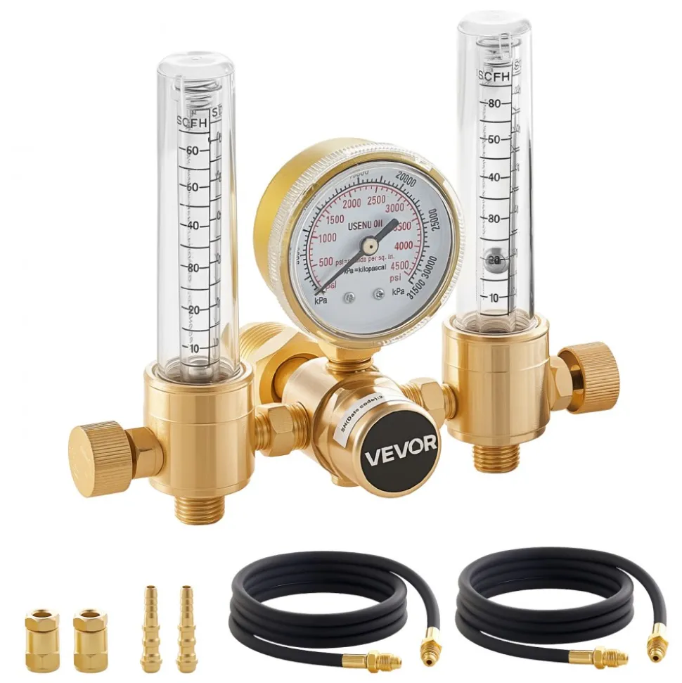 VEVOR Dual Output Argon Regulator, Argon Flow Meter Gas Regulator Gauge for TIG/MIG Welding - with 2PCS 6.6FT Rubber Hoses, 0-60 SCFH, 0-4500 PSI Inlet Pressure, CGA580 Inlet Connection