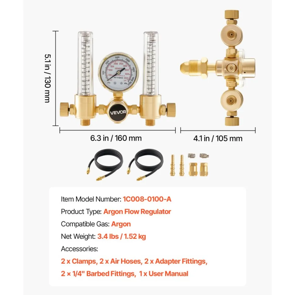 VEVOR Dual Output Argon Regulator, Argon Flow Meter Gas Regulator Gauge for TIG/MIG Welding - with 2PCS 6.6FT Rubber Hoses, 0-60 SCFH, 0-4500 PSI Inlet Pressure, CGA580 Inlet Connection