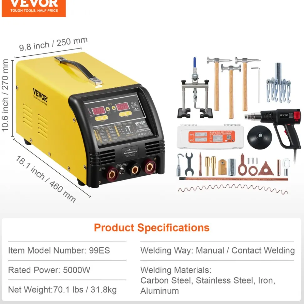 VEVOR Dual Pro Stud Welder Deluxe AL/Fe Dent Repair Kit, Professional 5KW Welder with Auto/Manual Welding and 10 Modes, 110V Spot Welding Dent Repair Machine for Steel & Aluminum Auto Panels Repair
