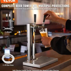 VEVOR Dual Taps Draft Beer Tower Dispenser, Stainless Steel Keg Beer Tower, Kegerator Tower Kit with Pre-Assembled Tubing and Self-Closing Faucet Shanks for Party, Bar, Pub, Restaurant