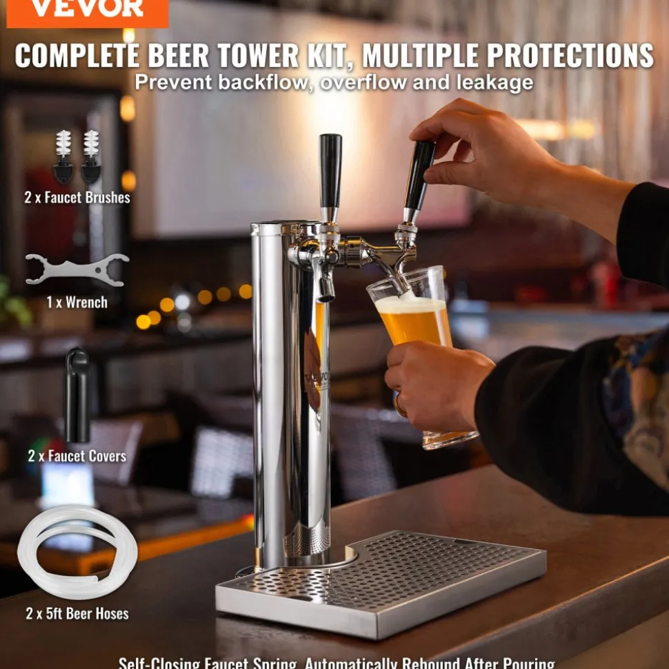 VEVOR Dual Taps Draft Beer Tower Dispenser, Stainless Steel Keg Beer Tower, Kegerator Tower Kit with Pre-Assembled Tubing and Self-Closing Faucet Shanks for Party, Bar, Pub, Restaurant