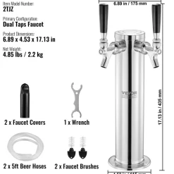 VEVOR Dual Taps Draft Beer Tower Dispenser, Stainless Steel Keg Beer Tower, Kegerator Tower Kit with Pre-Assembled Tubing and Self-Closing Faucet Shanks for Party, Bar, Pub, Restaurant