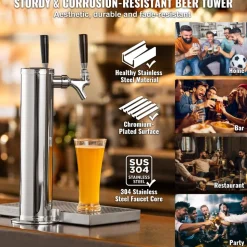 VEVOR Dual Taps Draft Beer Tower Dispenser, Stainless Steel Keg Beer Tower, Kegerator Tower Kit with Pre-Assembled Tubing and Self-Closing Faucet Shanks for Party, Bar, Pub, Restaurant