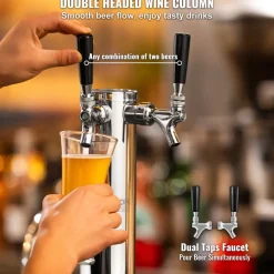 VEVOR Dual Taps Draft Beer Tower Dispenser, Stainless Steel Keg Beer Tower, Kegerator Tower Kit with Pre-Assembled Tubing and Self-Closing Faucet Shanks for Party, Bar, Pub, Restaurant