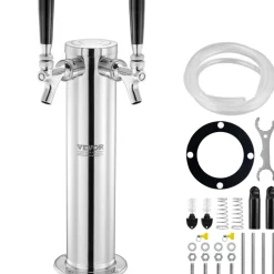VEVOR Dual Taps Draft Beer Tower Dispenser, Stainless Steel Keg Beer Tower, Kegerator Tower Kit with Pre-Assembled Tubing and Self-Closing Faucet Shanks for Party, Bar, Pub, Restaurant