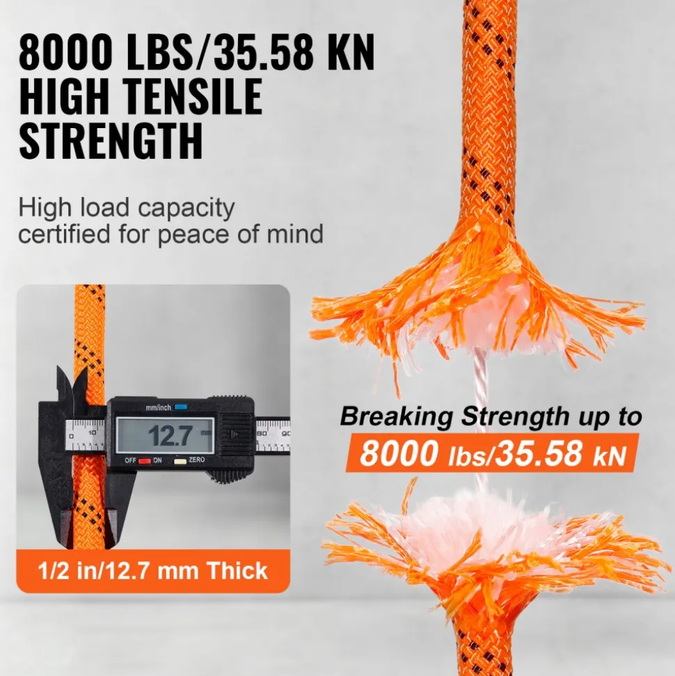 VEVOR Dual Twisted Polyester Cord, 1/2 inch by 120 feet, 48-Strand, 8000 LBS Tensile Strength, Multi-Use Outdoor Rope for Arborist Activities, Hiking, Swinging, Rappelling, and Rescue, Or