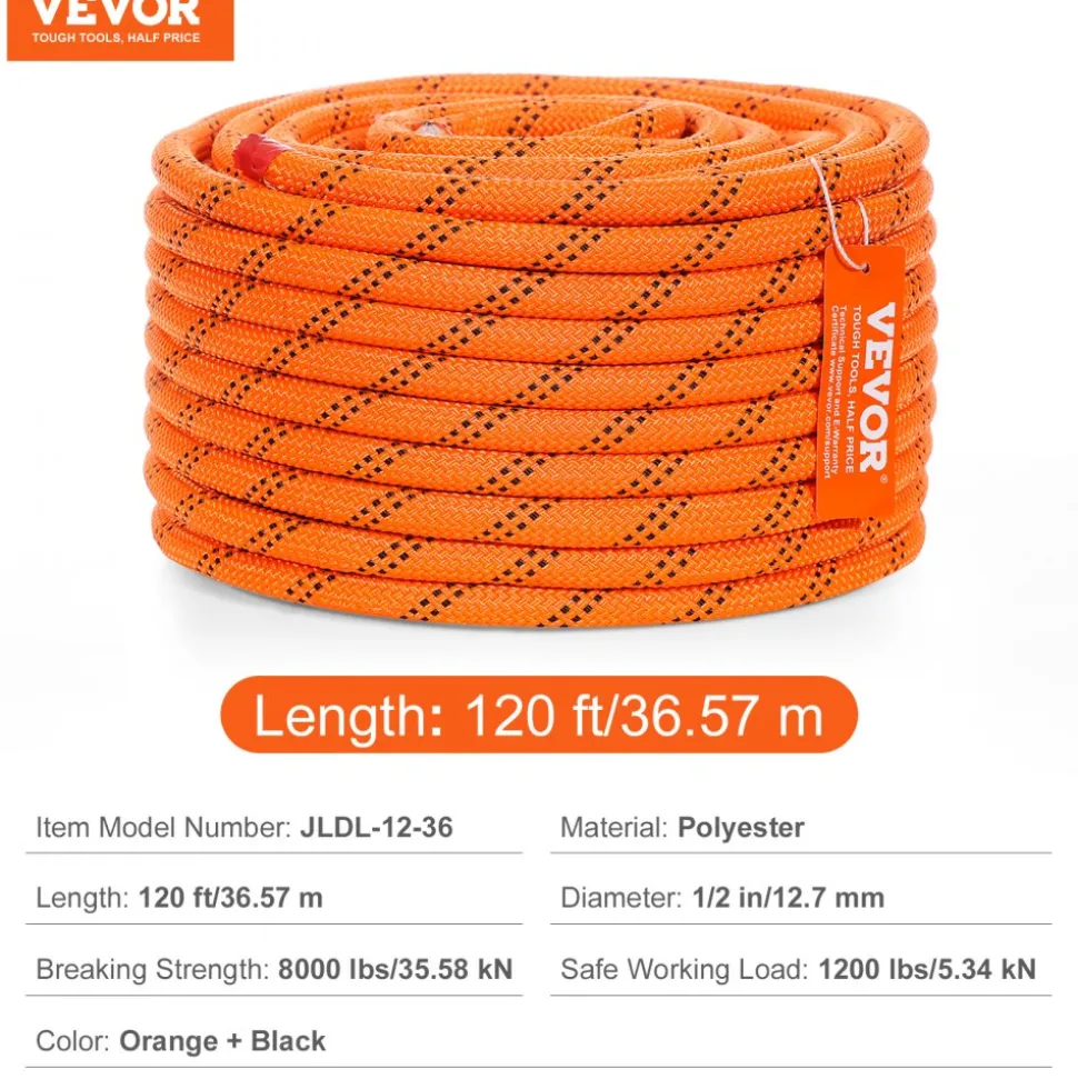 VEVOR Dual Twisted Polyester Cord, 1/2 inch by 120 feet, 48-Strand, 8000 LBS Tensile Strength, Multi-Use Outdoor Rope for Arborist Activities, Hiking, Swinging, Rappelling, and Rescue, Or