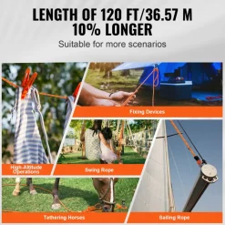 VEVOR Dual Twisted Polyester Cord, 1/2 inch by 120 feet, 48-Strand, 8000 LBS Tensile Strength, Multi-Use Outdoor Rope for Arborist Activities, Hiking, Swinging, Rappelling, and Rescue, Or