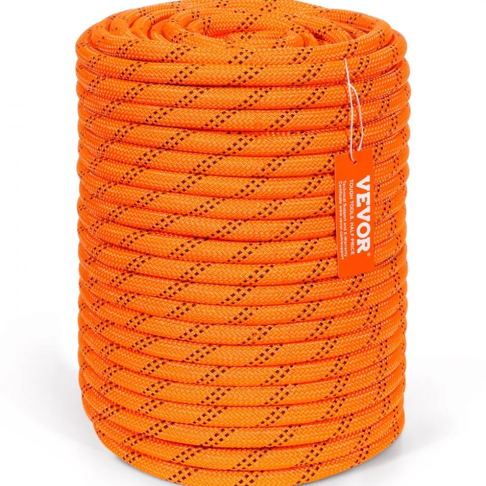 VEVOR Dual-Weave Polyester Cord, 1/2 inch x 220 feet, 48-Strand, 8000 LBS Tensile Strength, Multi-Use Outdoor Rope for Camping, Swinging, Rappelling, and Rescue, Orange/Black