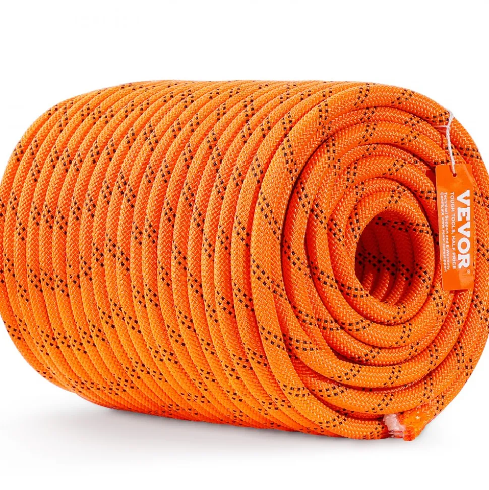 VEVOR Dual-Weave Polyester Cord, 1/2 inch x 220 feet, 48-Strand, 8000 LBS Tensile Strength, Multi-Use Outdoor Rope for Camping, Swinging, Rappelling, and Rescue, Orange/Black