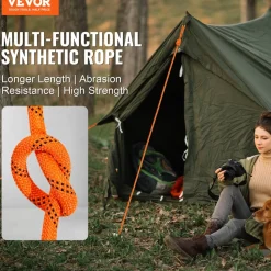 VEVOR Dual-Weave Polyester Cord, 1/2 inch x 220 feet, 48-Strand, 8000 LBS Tensile Strength, Multi-Use Outdoor Rope for Camping, Swinging, Rappelling, and Rescue, Orange/Black