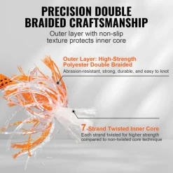 VEVOR Dual-Weave Polyester Cord, 1/2 inch x 220 feet, 48-Strand, 8000 LBS Tensile Strength, Multi-Use Outdoor Rope for Camping, Swinging, Rappelling, and Rescue, Orange/Black