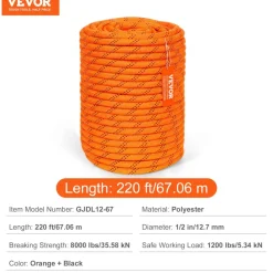 VEVOR Dual-Weave Polyester Cord, 1/2 inch x 220 feet, 48-Strand, 8000 LBS Tensile Strength, Multi-Use Outdoor Rope for Camping, Swinging, Rappelling, and Rescue, Orange/Black