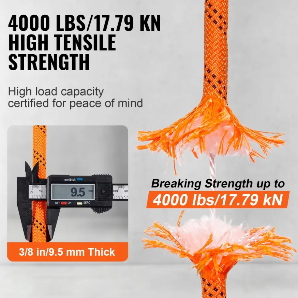 VEVOR Dual-Weave Polyester Cord, 3/8 inch by 120 feet, 48-Strand, 4000 Pound Tensile Strength, Multi-Use Rope for Arborist Activities, and Outdoor Adventures, Orange/Black