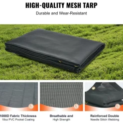 VEVOR Dump Truck Mesh Tarp, 7.5x18 ft, PVC Coated Black Heavy Duty Cover with 5.5" 18oz Double Pocket, Brass Grommets, Reinforced Double Needle Stitch Webbing Fits Manual or Electric Dump Truck System