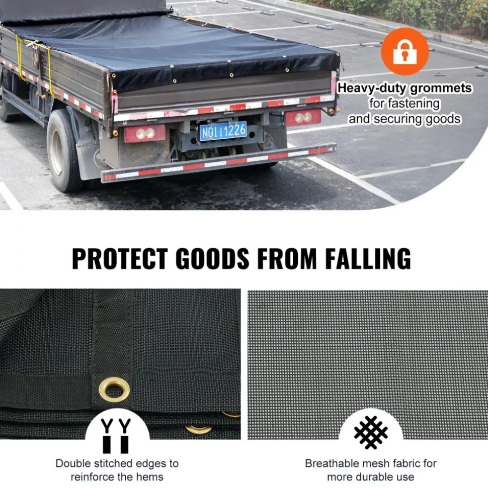 VEVOR Dump Truck Mesh Tarp, 7 x 14 ft, PVC Coated Black Heavy Duty Cover with 5.5" 18oz Double Pocket, Brass Grommets, Reinforced Double Needle Stitch Webbing Fits Manual or Electric Dump Truck System