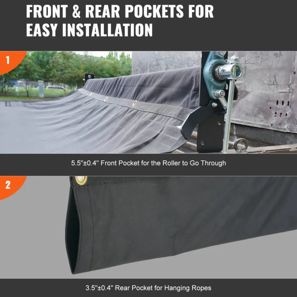 VEVOR Dump Truck Mesh Tarp, 8 x 18 ft, PVC Coated Black Heavy Duty Cover with 5.5" 18oz Double Pocket, Brass Grommets, Reinforced Double Needle Stitch Webbing Fits Manual or Electric Dump Truck System
