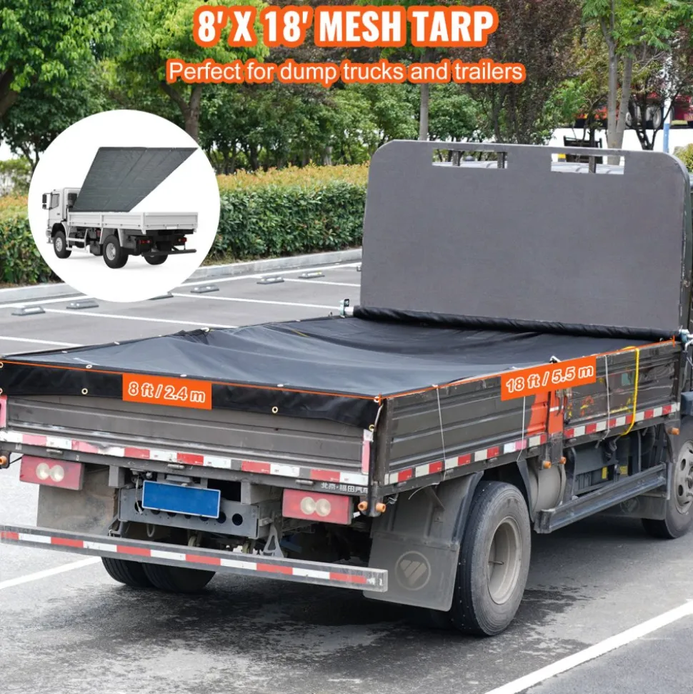 VEVOR Dump Truck Mesh Tarp, 8 x 18 ft, PVC Coated Black Heavy Duty Cover with 5.5" 18oz Double Pocket, Brass Grommets, Reinforced Double Needle Stitch Webbing Fits Manual or Electric Dump Truck System