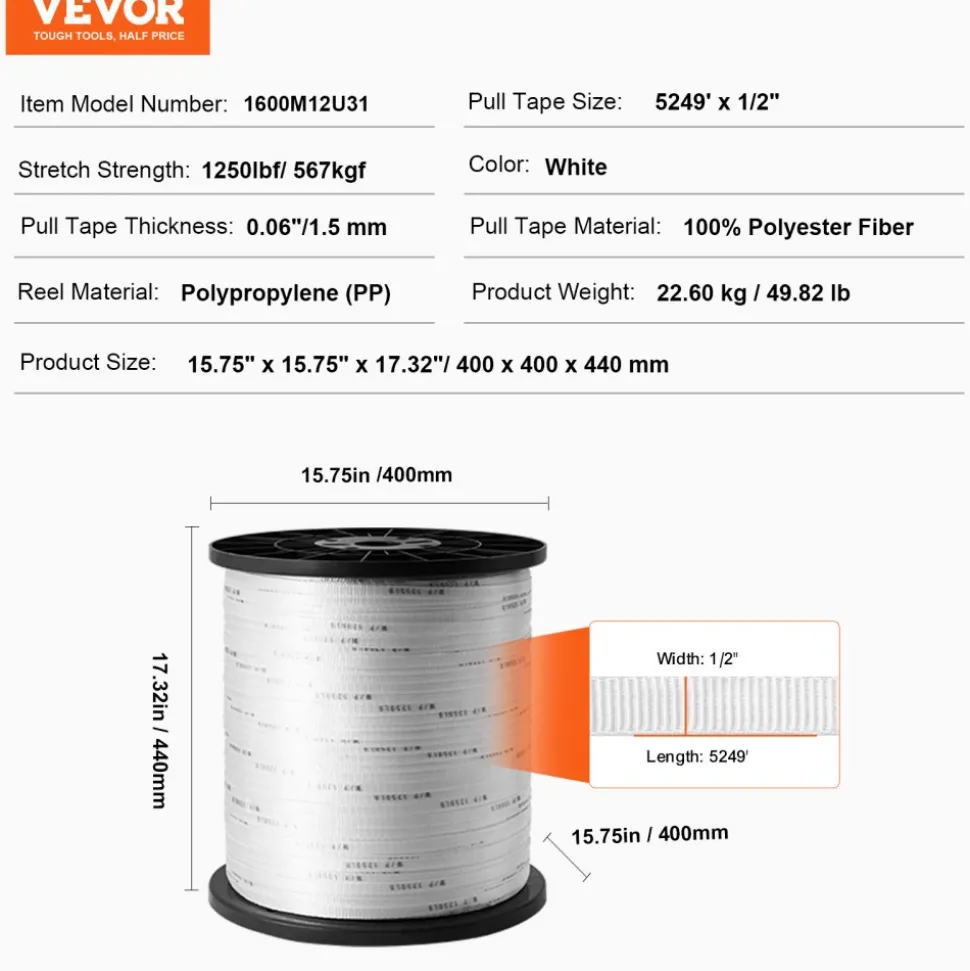 VEVOR Durable Polyester Pull Cord, Width 0.5" & Length 5249ft, Max Load 1250 lbf, Perfect for Organizing Cables, Packaging, Garden Work & Electrical Jobs