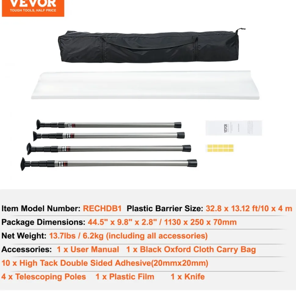 VEVOR Dust Barrier Poles, Carry Bag, 10 Ft Poles with 4 Telescoping Poles, and 32.8x13.12 Ft Plastic Film, for Interior Decoration and Painting Projects