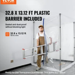 VEVOR Dust Barrier Poles, 10 Ft Barrier Poles, Dust Barrier System with 4 Telescoping Poles, Carry Bag and 32.8x13.12 Ft Plastic Film, for Interior Decoration, Painting