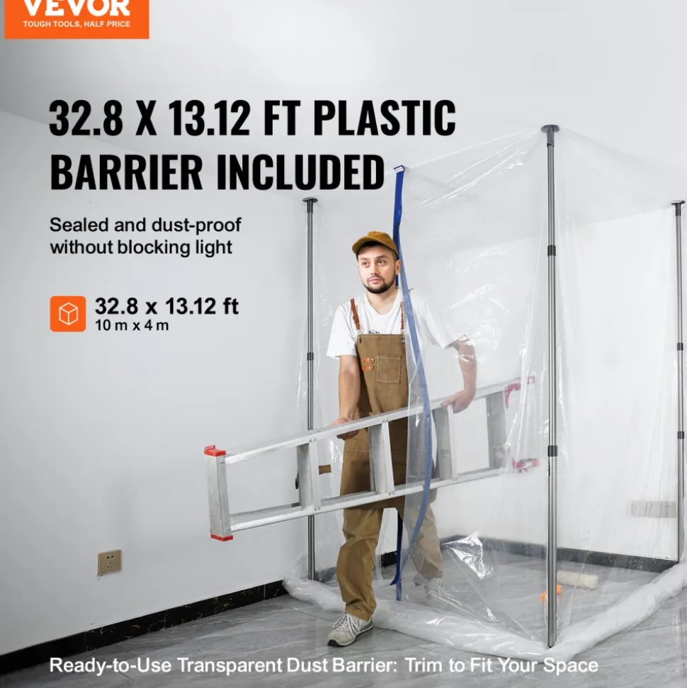 VEVOR Dust Barrier Poles, 10 Ft Barrier Poles, Dust Barrier System with 4 Telescoping Poles, Carry Bag and 32.8x13.12 Ft Plastic Film, for Interior Decoration, Painting