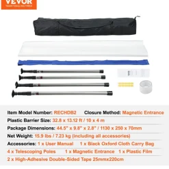 VEVOR Dust Barrier Poles, 10 Ft Barrier Poles, Dust Barrier System with 4 Telescoping Poles, Carry Bag and 32.8x13.12 Ft Plastic Film, for Interior Decoration, Painting