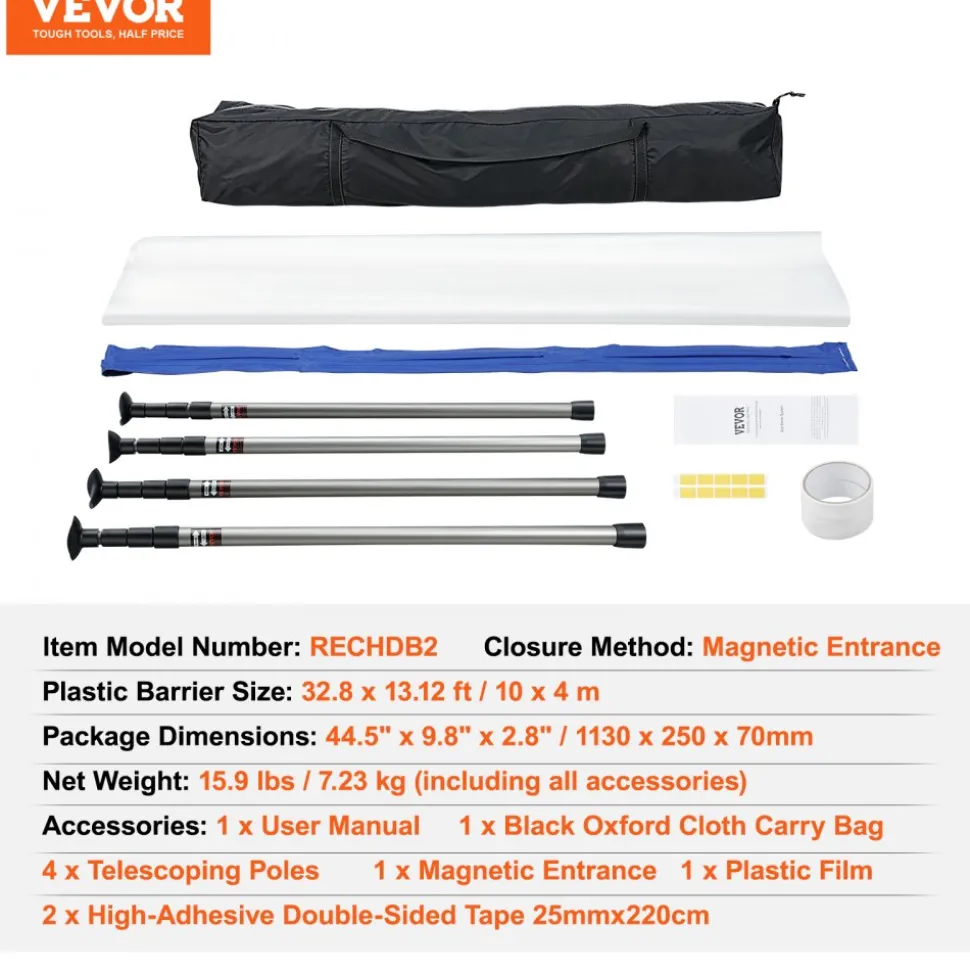 VEVOR Dust Barrier Poles, 10 Ft Barrier Poles, Dust Barrier System with 4 Telescoping Poles, Carry Bag and 32.8x13.12 Ft Plastic Film, for Interior Decoration, Painting