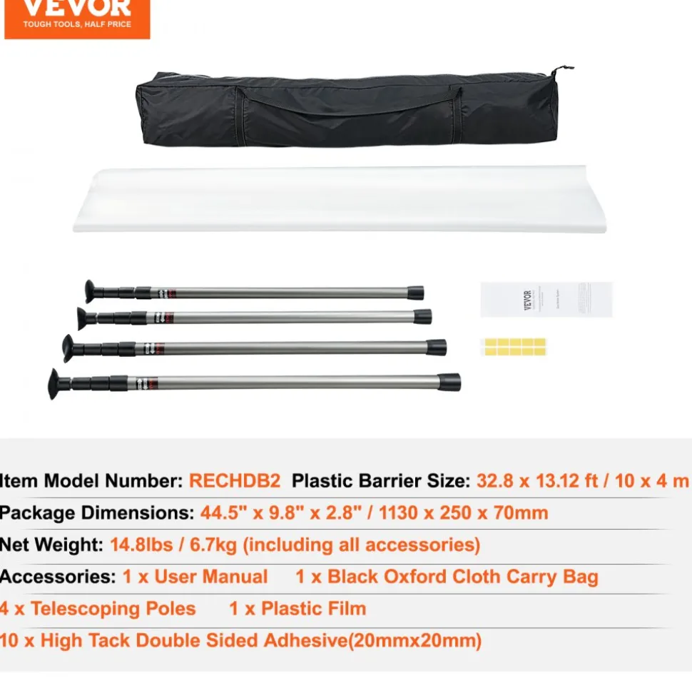VEVOR Dust Barrier Poles, 12 Ft Dust Barrier System with 4 Telescoping Poles, 32.8x13.12 Ft Plastic Film, and Carry Bag, for Interior Decoration and Painting Projects