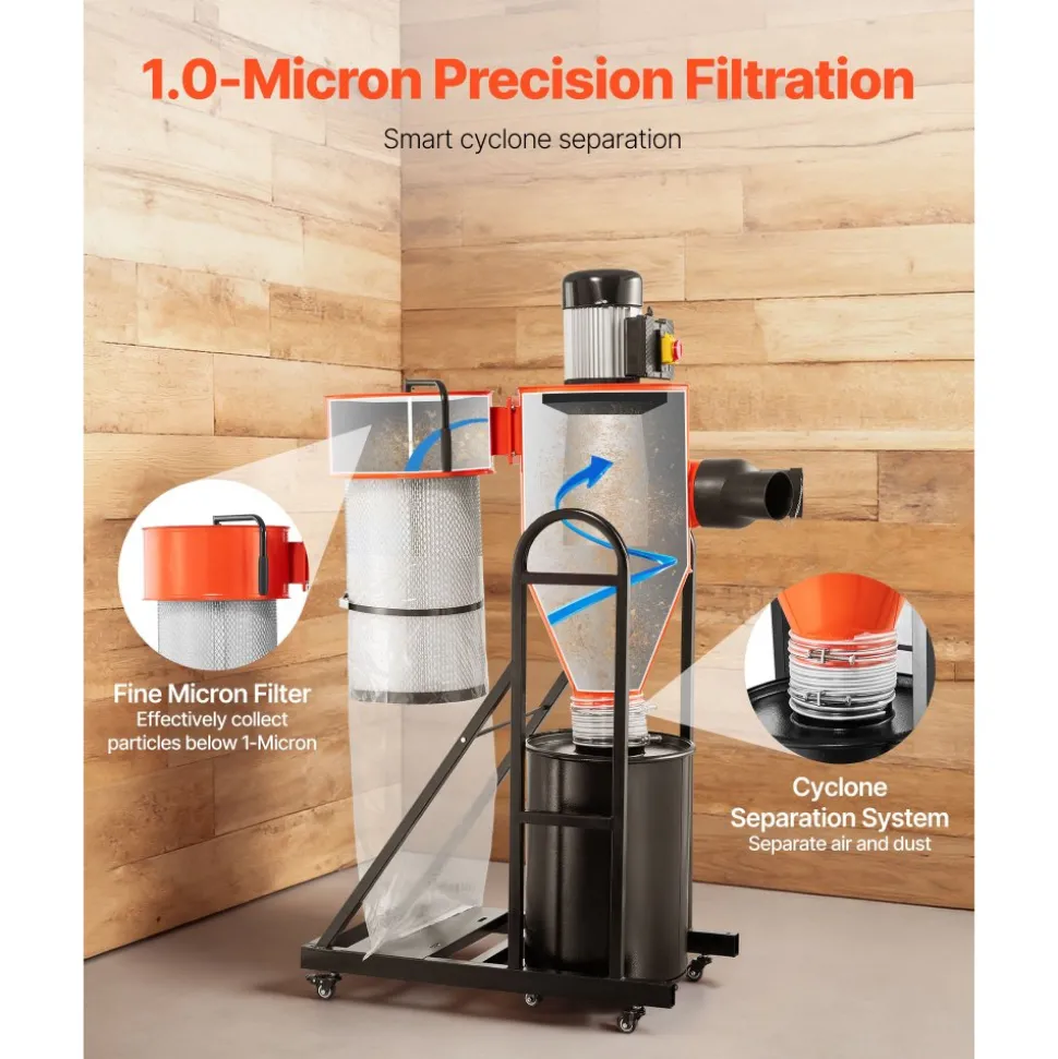 VEVOR Dust Collector, 763 CFM 1 Micron Cyclone Dust Collector, 1.5HP Dusts Collection System with 12.5-Gallon Dust Collector Bag & Base Stand, Smart Cyclone Separation, Dusts Separator for Woodworking