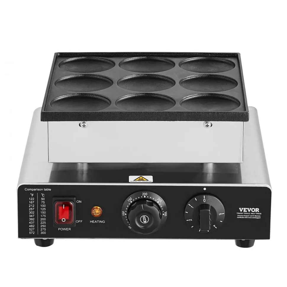 VEVOR Dutch Pancake Maker, 9PCS 76mm Diameter Dorayaki Baker Machine, 850W Commercial Electric Poffertjes Grill, Non-stick Stainless Steel, Temp & Time Control, for Home Kitchen Restaurant Snack Bar