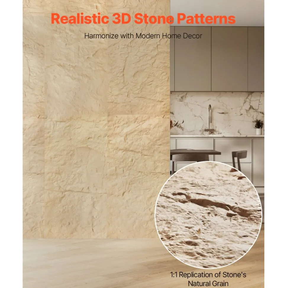 VEVOR 3D Wall Panels, 4 Pack 48 x 24 in PU Natural Stone Imitation Wall Art Tiles, 32 Sq.Ft Coverage Accent Wall Panel, Interior Home Decor for Ceiling, Bedroom, Living & Gaming Room, Stone Yellow