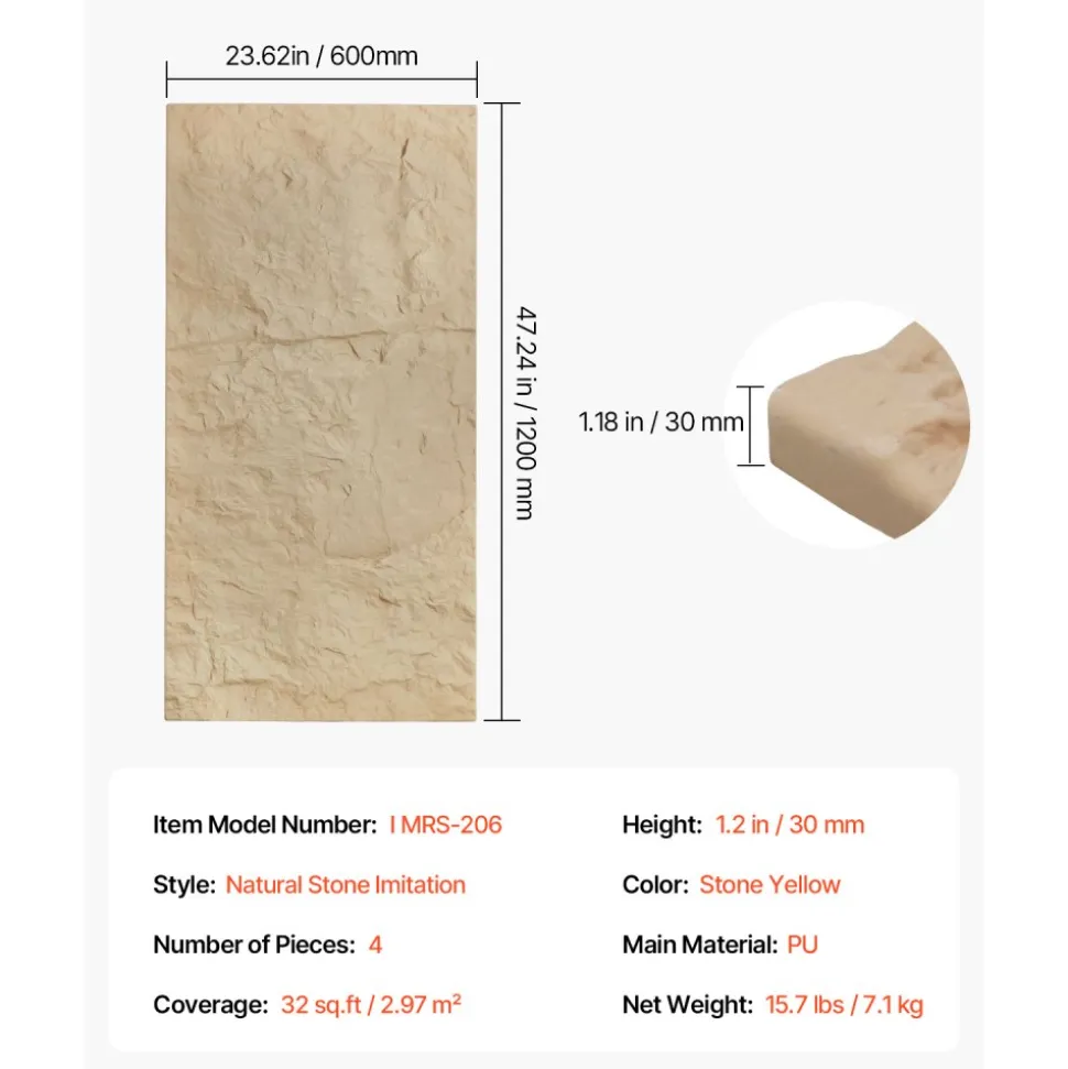 VEVOR 3D Wall Panels, 4 Pack 48 x 24 in PU Natural Stone Imitation Wall Art Tiles, 32 Sq.Ft Coverage Accent Wall Panel, Interior Home Decor for Ceiling, Bedroom, Living & Gaming Room, Stone Yellow