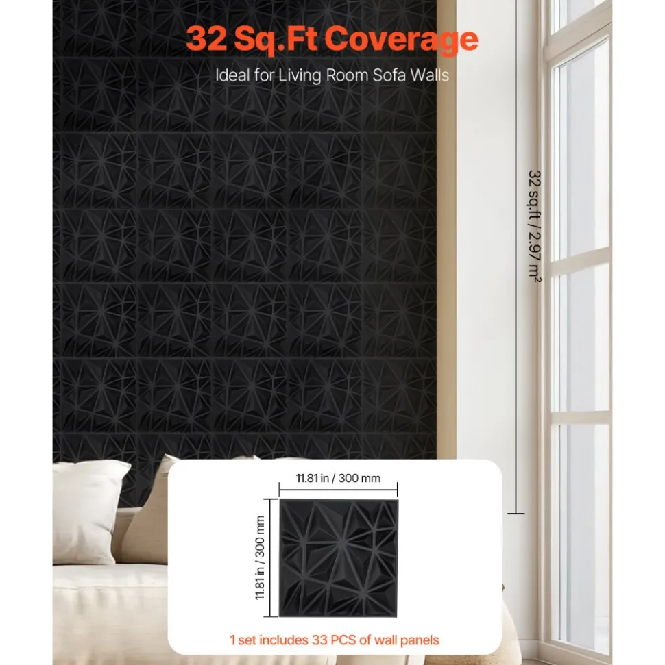 VEVOR 3D Wall Panels, 33-Pack 11.81 x 11.81 in PVC Modern Art Minimalist Diamond Tiles, 32 Sq.Ft Coverage Accent Wall Panel, Interior Home Decor for Ceiling, Bedroom, Living & Gaming Room, Matte Black