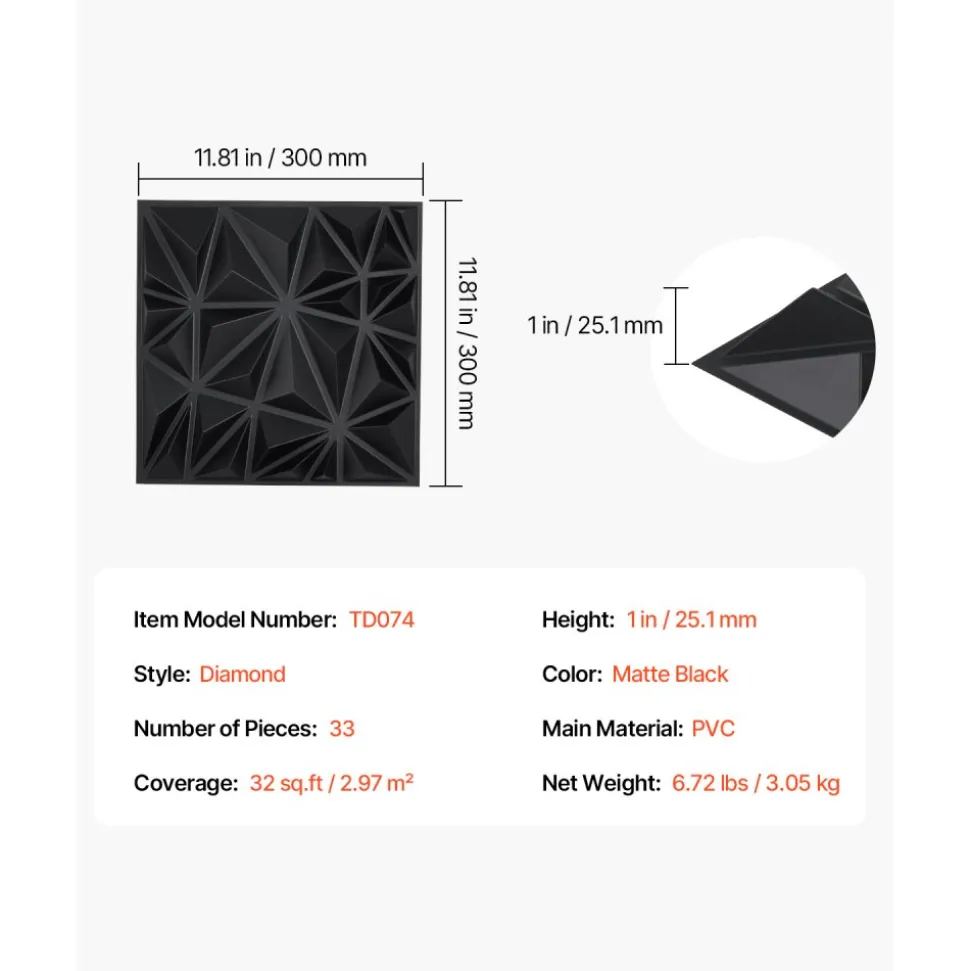 VEVOR 3D Wall Panels, 33-Pack 11.81 x 11.81 in PVC Modern Art Minimalist Diamond Tiles, 32 Sq.Ft Coverage Accent Wall Panel, Interior Home Decor for Ceiling, Bedroom, Living & Gaming Room, Matte Black