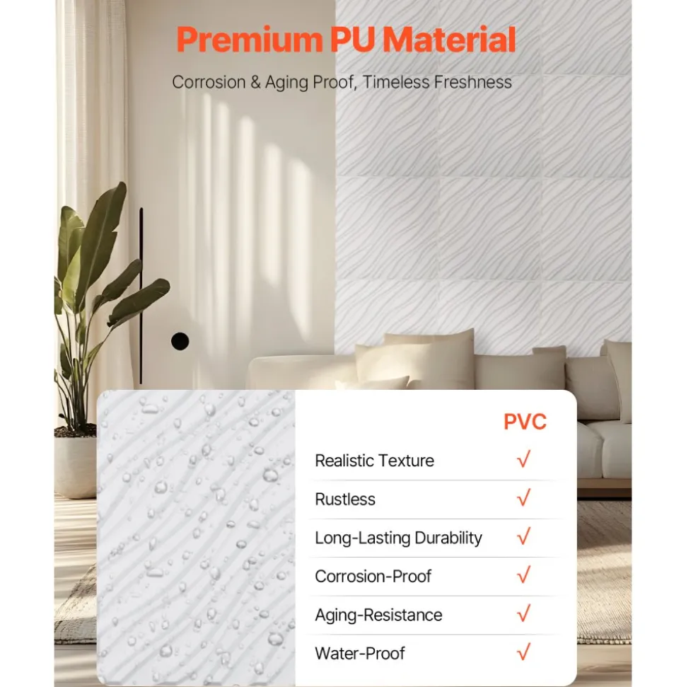 VEVOR 3D Wall Panels, 12-Pack 19.7 x 19.7 in PVC Modern Art Minimalist Wave Tiles, 32 Sq.Ft Coverage Accent Wall Panel, Interior Home Decor for Ceiling, Bedroom, Living & Gaming Room, Matte White