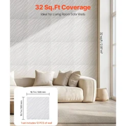 VEVOR 3D Wall Panels, 12-Pack 19.7 x 19.7 in PVC Modern Art Minimalist Wave Tiles, 32 Sq.Ft Coverage Accent Wall Panel, Interior Home Decor for Ceiling, Bedroom, Living & Gaming Room, Matte White