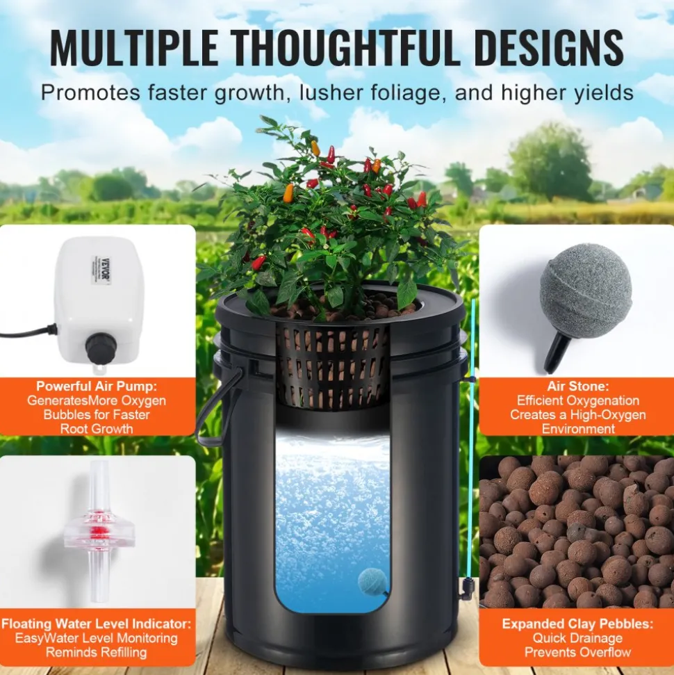 VEVOR DWC Hydroponics Grow System, Hydroponic Growing System with Top Drip Kit, 5-Gallon Deep Water Culture with Air Pump, Air Stone and Water Level Device for Leafy Vegetables(1 Bucket+Top Drip Kit)