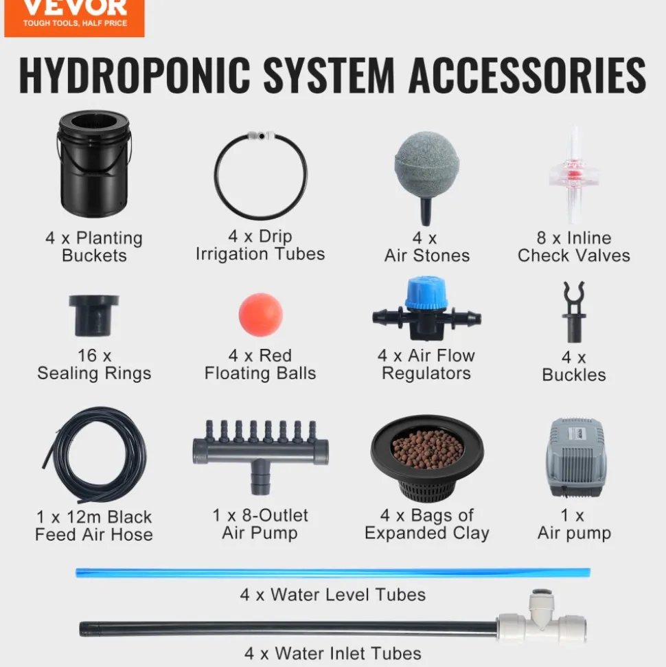 VEVOR DWC Hydroponics Grow System, Hydroponic Growing System with Top Drip Kit, Deep Water Culture 5-Gallon 4 Buckets, with Air Pump, Air Stones and Water Level Device for Leafy Vegetables