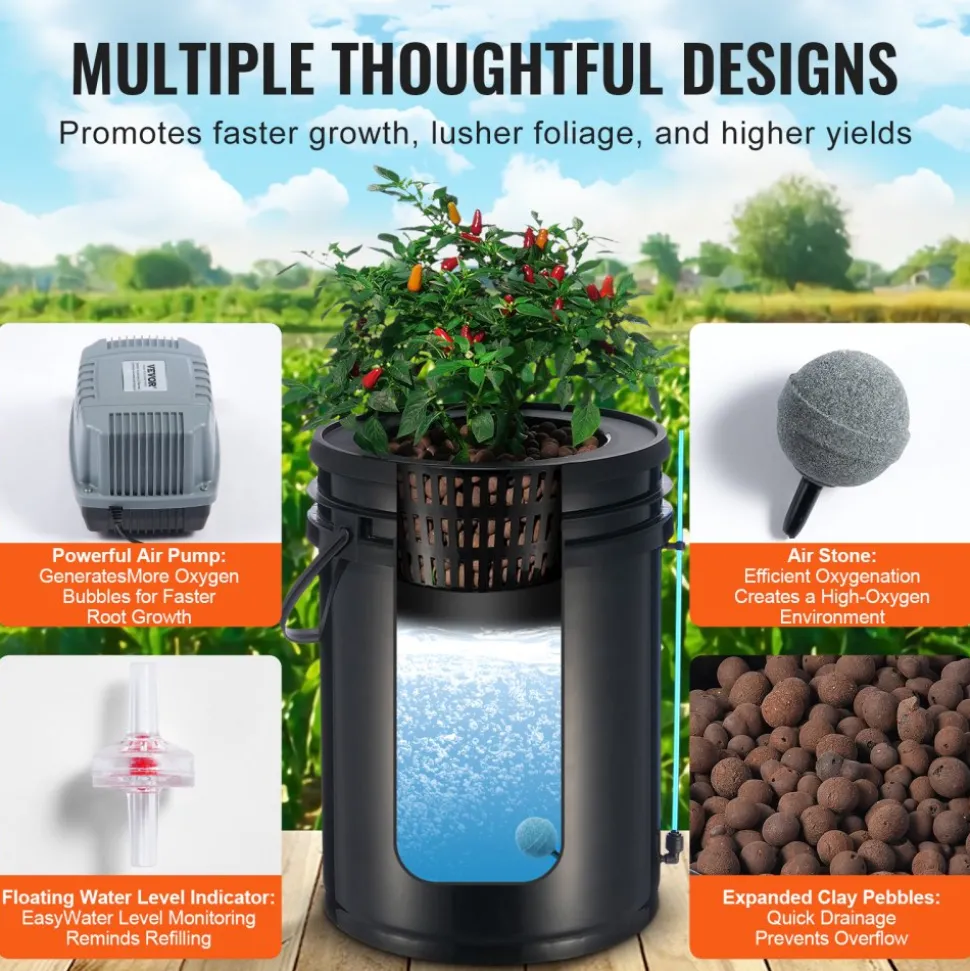 VEVOR DWC Hydroponics Grow System, Hydroponic Growing System with Top Drip Kit, Deep Water Culture 5-Gallon 4 Buckets, with Air Pump, Air Stones and Water Level Device for Leafy Vegetables