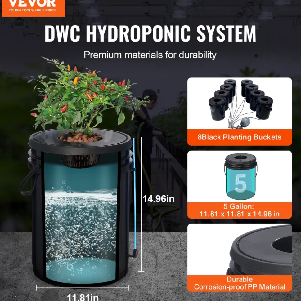 VEVOR DWC Hydroponic System, 5 Gallon 5 Buckets, Deep Water Culture Growing Bucket, Hydroponics Grow Kit with Pump, Air Stone and Connected Reservoir, for Indoor/Outdoor Leafy Vegetables