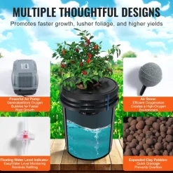 VEVOR DWC Hydroponic System, 5 Gallon 5 Buckets, Deep Water Culture Growing Bucket, Hydroponics Grow Kit with Pump, Air Stone and Connected Reservoir, for Indoor/Outdoor Leafy Vegetables