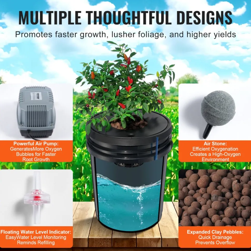 VEVOR DWC Hydroponic System, 5 Gallon 5 Buckets, Deep Water Culture Growing Bucket, Hydroponics Grow Kit with Pump, Air Stone and Connected Reservoir, for Indoor/Outdoor Leafy Vegetables