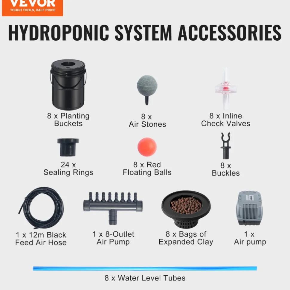 VEVOR DWC Hydroponic System, 5 Gallon 5 Buckets, Deep Water Culture Growing Bucket, Hydroponics Grow Kit with Pump, Air Stone and Connected Reservoir, for Indoor/Outdoor Leafy Vegetables