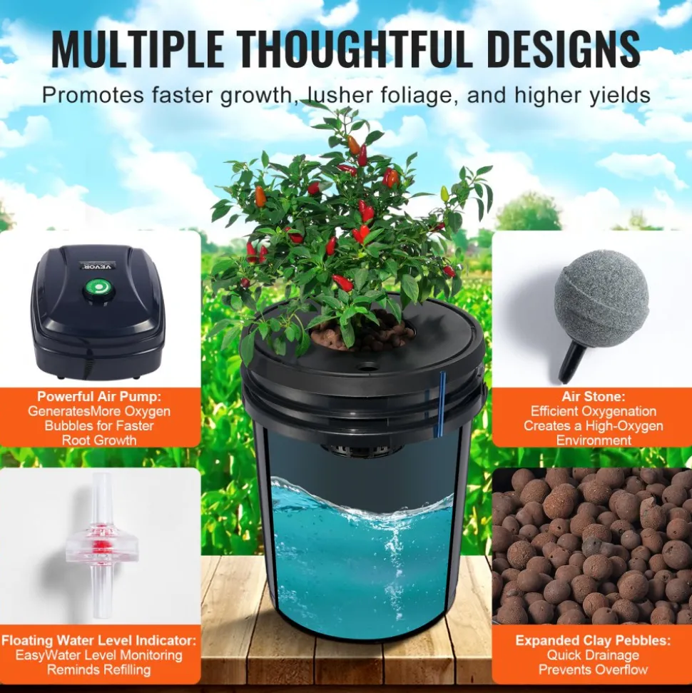 VEVOR DWC Hydroponic System, 5 Gallon 4 Buckets, Deep Water Culture Growing Bucket, Hydroponics Grow Kit with Pump, Air Stone and Water Level Device, for Indoor/Outdoor Leafy Vegetables